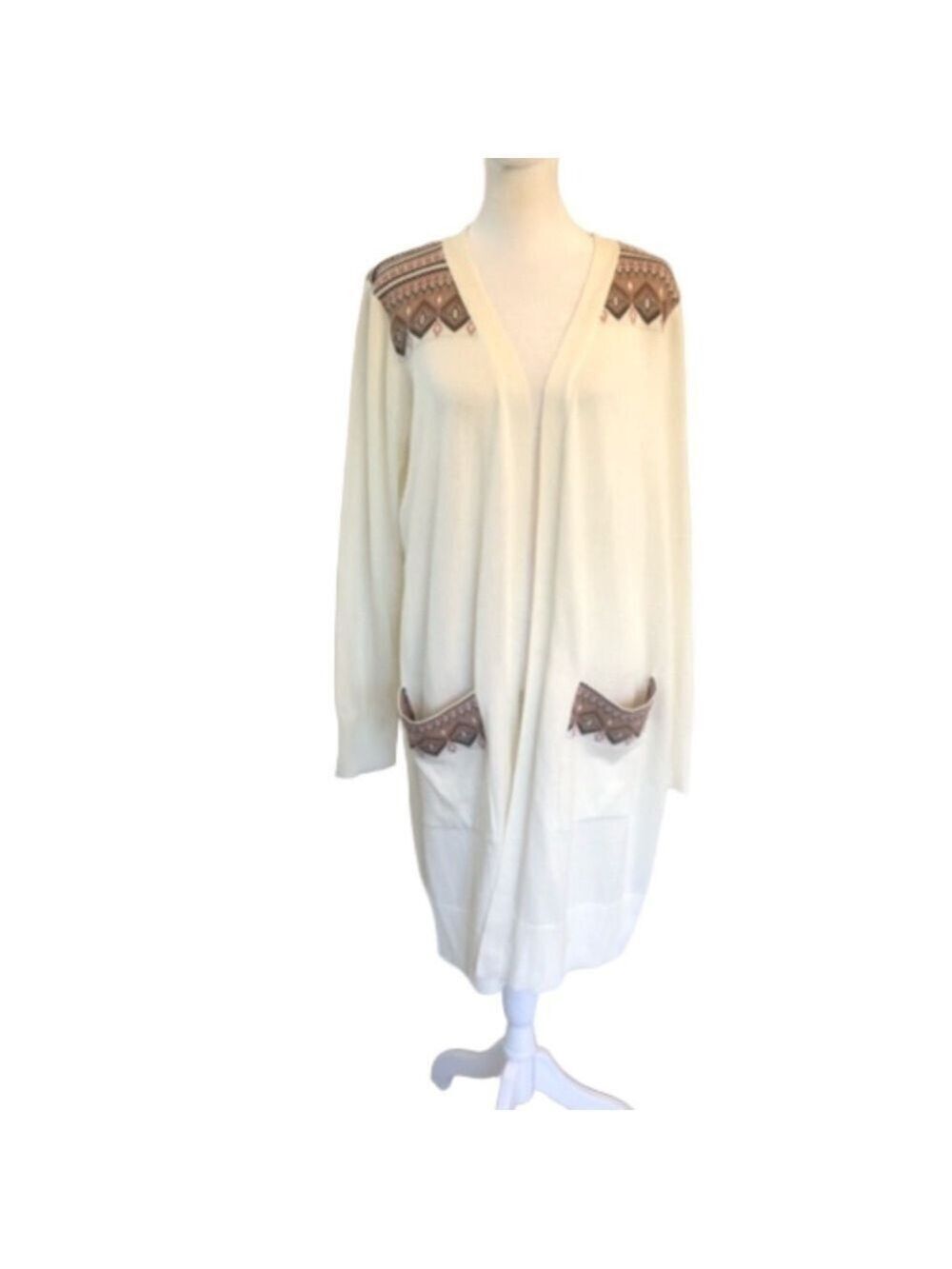 Denim and Co Size M duster length open front cardigan. Aztec print long length